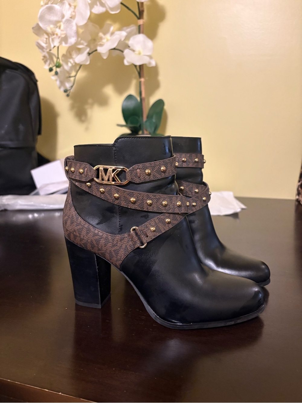 Michael Kors Black Leather Ankle Boots with Brown Logo Stud Straps